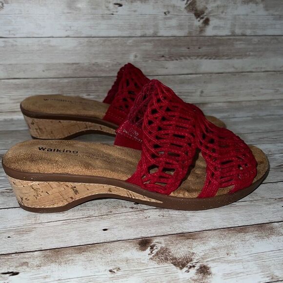 WALKING CRADLES Red Kudos Cork Wedge Heel Sandals Size 6WW Tiny Pillows Insoles - Picture 3 of 16